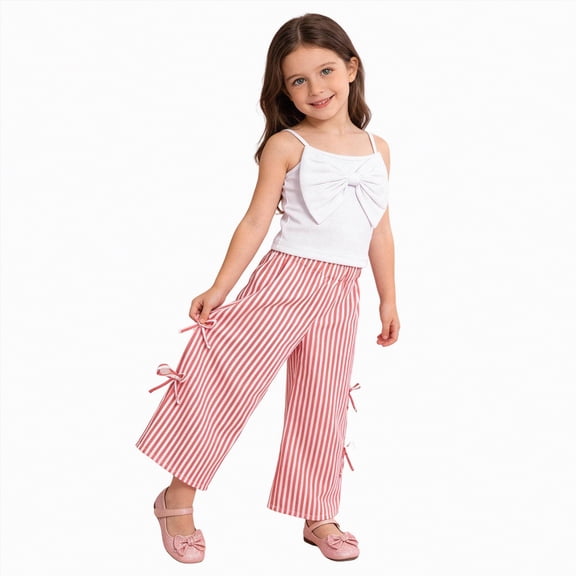 TOWED22 Baby Girl Clothes Toddler Outfits 2pcs Sleeveless Print Smocked Camisole Linen Pants Summer(Pink,3-4 Y)