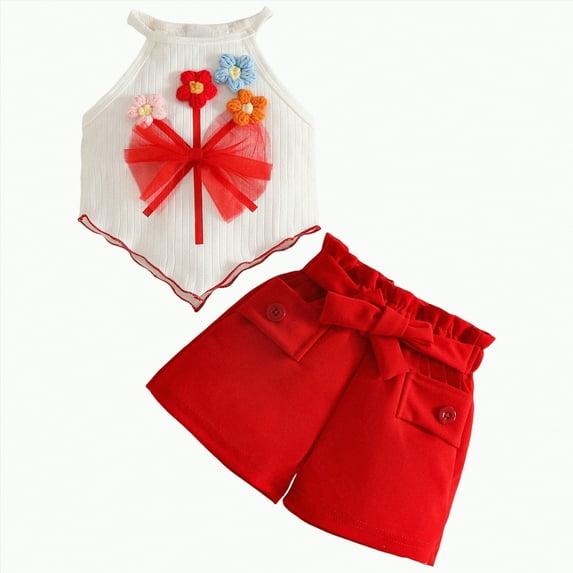 TOWED22 Baby Girl Clothes Toddler Summer Embroidery Short Shirt Pant Girl Outfit Sleeveless Top Clothes Set(Blazer,12-18 M)