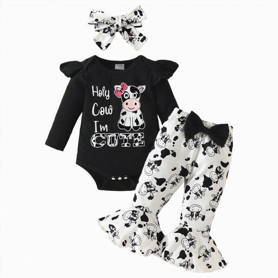 TOWED22 Baby Girl Fall Clothes Print Romper Bell Bottoms Flare Pants Set 3Pcs Infant Winter Outfit,0-3 M