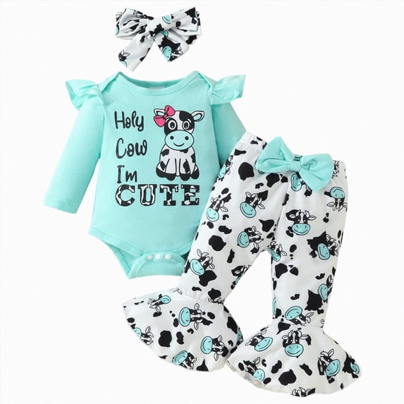 TOWED22 Baby Girl Fall Clothes Print Romper Bell Bottoms Flare Pants Set 3Pcs Infant Winter Outfit,3-6 M