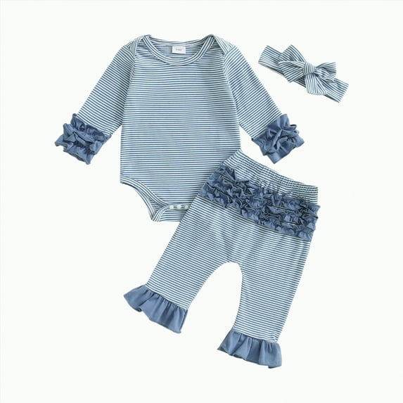 TOWED22 Baby Girl Fall Outfits Long Sleeve Ruffled Ribbed Knit Romper Daisy Print Pants Winter Clothes 3 6 9 12 18 Months(Blue,3-6 M)