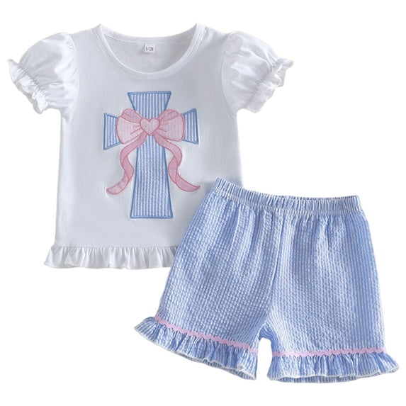 TOWED22 Baby Girl Floral Summer Clothes 2Pcs Outfit Short Sleeve Round Neck T-Shirt and Ruffled Shorts Set(Blue,3-4 Y)