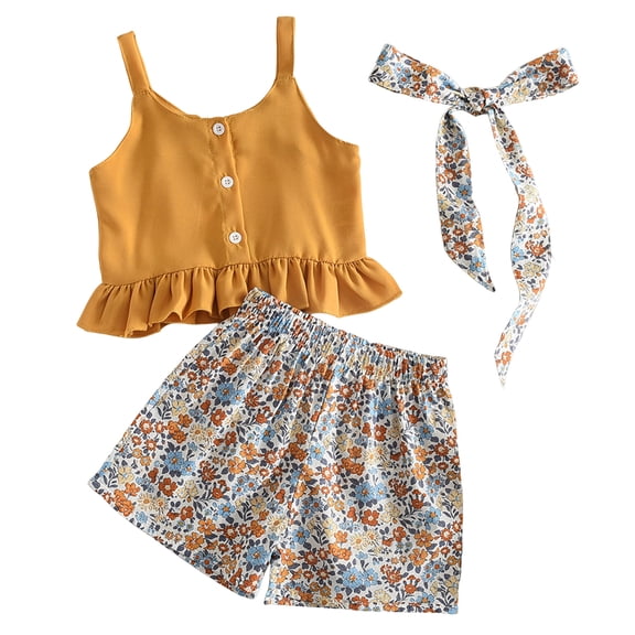 TOWED22 Baby Girl Summer Clothes 2Pcs Outfits Sleeveless Ruffle Hem Camisole and Pocket Shorts Cute Toddler 9M-4T(Yellow,2-3 Y)