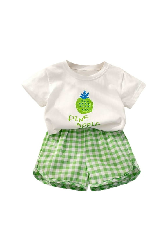 Baby Girl Summer Clothes 2Pcs Set Cute Print Short Sleeve T-Shirt + Plaid Shorts Casual Outfits(Green,3-4 Y)