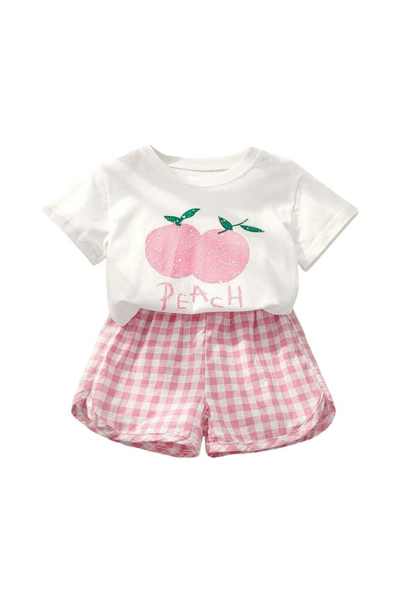 Baby Girl Summer Clothes 2Pcs Set Cute Print Short Sleeve T-Shirt + Plaid Shorts Casual Outfits(Pink,3-4 Y)