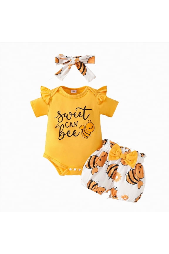 Baby Girl Summer Clothes Newborn Going Home Outfit Ruffle Ribbed Romper Tops Floral Shorts Set + Headband(Gold,0-3 M)