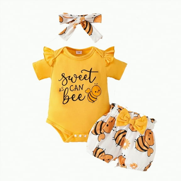 TOWED22 Baby Girl Summer Clothes Newborn Going Home Outfit Ruffle Ribbed Romper Tops Floral Shorts Set   Headband(Gold,9-12 M)