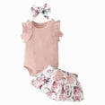 thumbnail image 1 of TOWED22 Baby Girl Summer Clothes Newborn Going Home Outfit Ruffle Ribbed Romper Tops Floral Shorts Set + Headband Pink,12-18 M, 1 of 7