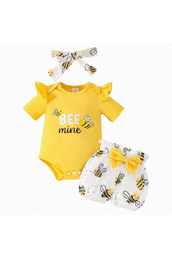 Baby Girl Summer Clothes Newborn Going Home Outfit Ruffle Ribbed Romper Tops Floral Shorts Set + Headband(Yellow,0-3 M)