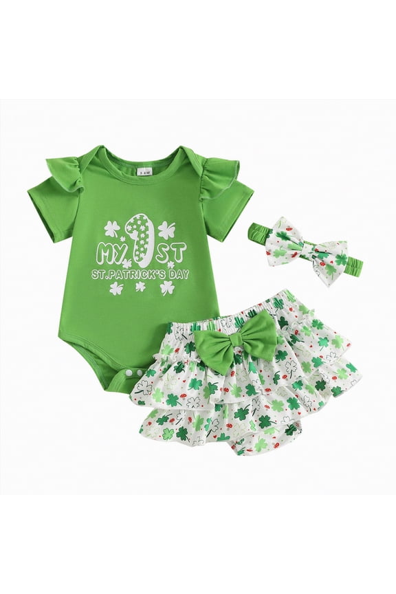 Baby Girl Summer Clothes Short Sleeve Ribbed Romper Ruffle Layered Bloomers Shorts Headband Boutique Clothing(Green,3-6 M)