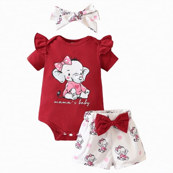 TOWED22 Baby Girl Summer Clothes Short Sleeve Ribbed Romper Ruffle Layered Bloomers Shorts Headband Boutique Clothing Red,6-9 M