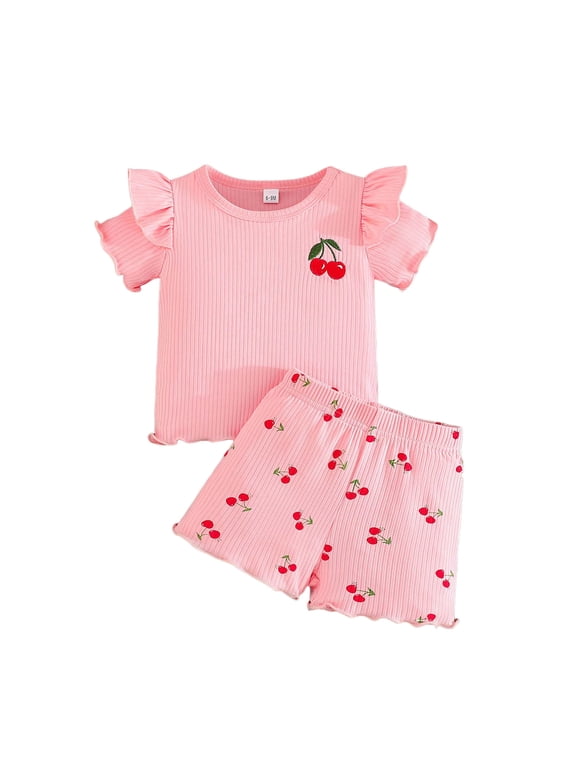 Baby Girl Summer Outfits 2Pcs Clothes Butterfly Print Tee + Solid Color Shorts Play Set 3 6 9 12 18 Months(Red,12-18 M)