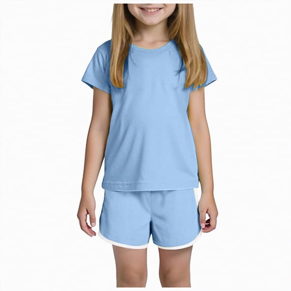 TOWED22 Baby Girl Summer Shorts Set Cotton Tee Top and Elastic Waist Shorts Playwear Outfit 6-24 Months Light Blue,12-18 M