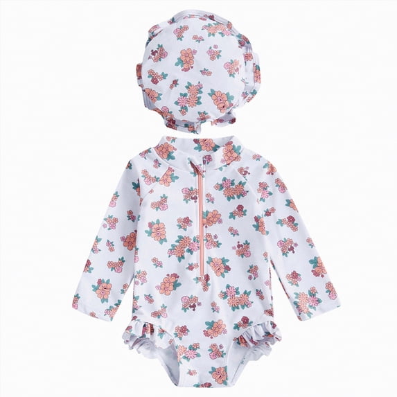 TOWED22 Baby Girl Swimsuit Summer One-Piece Infant Bathing Suit Long Sleeve Ruffle Zipper Rash Guard Beach Swimwear White,18-24 M