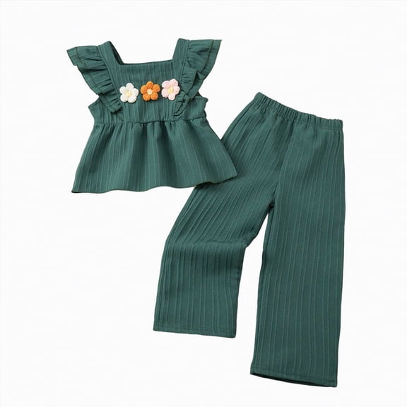 TOWED22 Baby Girl Toddler Outfits 2pcs Sleeveless Gingham Print Smocked Camisole Solid Color Long Pants(Green,4-5 Y)