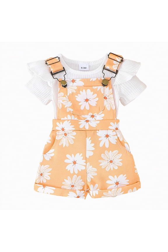 Baby Girls Clothes Set 2 Piece Summer Casual Cute Short Sleeve Rompers and Overalls Shorts 0-3 Years Toddler Outfits(Yellow,18-24 M)