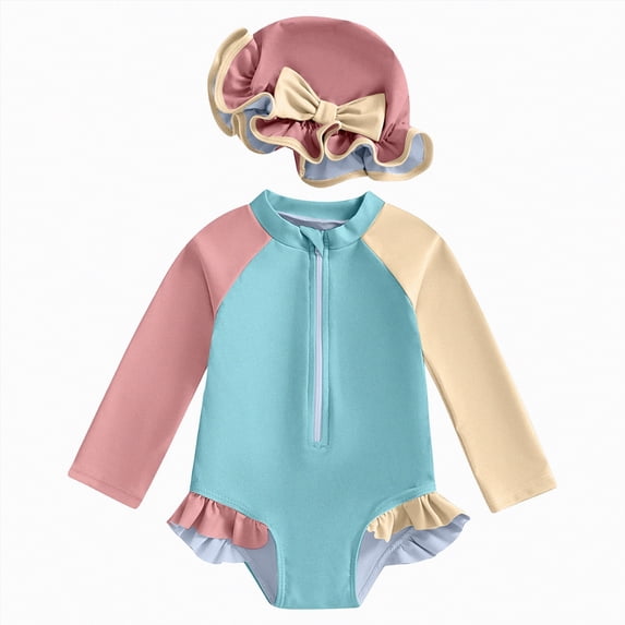 TOWED22 Baby Girls Swimsuit Drawstring Zip Bathing Suit Long Sleeve One-Piece Rash Guard Swimwear for Infant Girl Blue,60