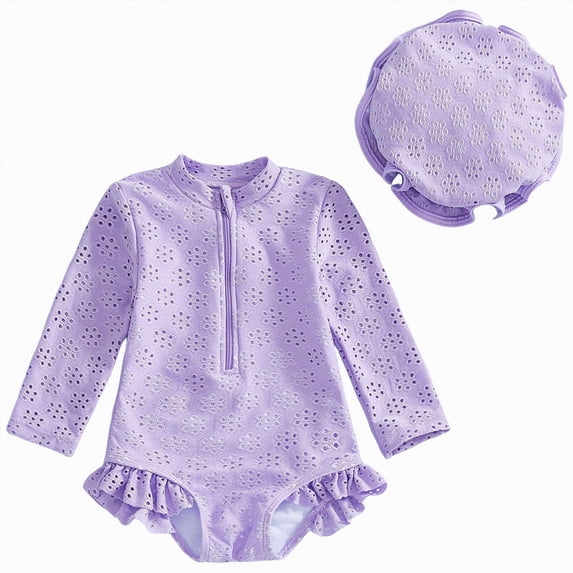 TOWED22 Baby Girls UPF 50+ Sun Protection Floral Printed Long Sleeve One Piece Rash Guard Swimsuit with Zipper Purple,12-18 M