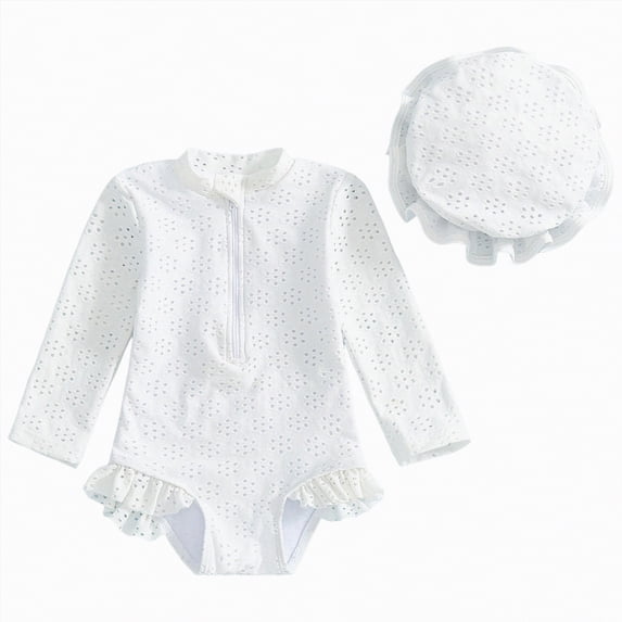 TOWED22 Baby Girls UPF 50+ Sun Protection Floral Printed Long Sleeve One Piece Rash Guard Swimsuit with Zipper White,18-24 M