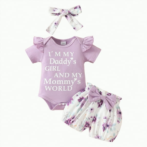 TOWED22 Baby Summer Outfits Newborn Girl Short Sleeve Letters Print T-Shirt Romper Bib Shorts Headband 0-18M(Light Purple,12-18 M)