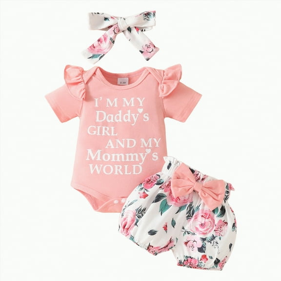 TOWED22 Baby Summer Outfits Newborn Girl Short Sleeve Letters Print T-Shirt Romper Bib Shorts Headband 0-18M(Pink,0-3 M)