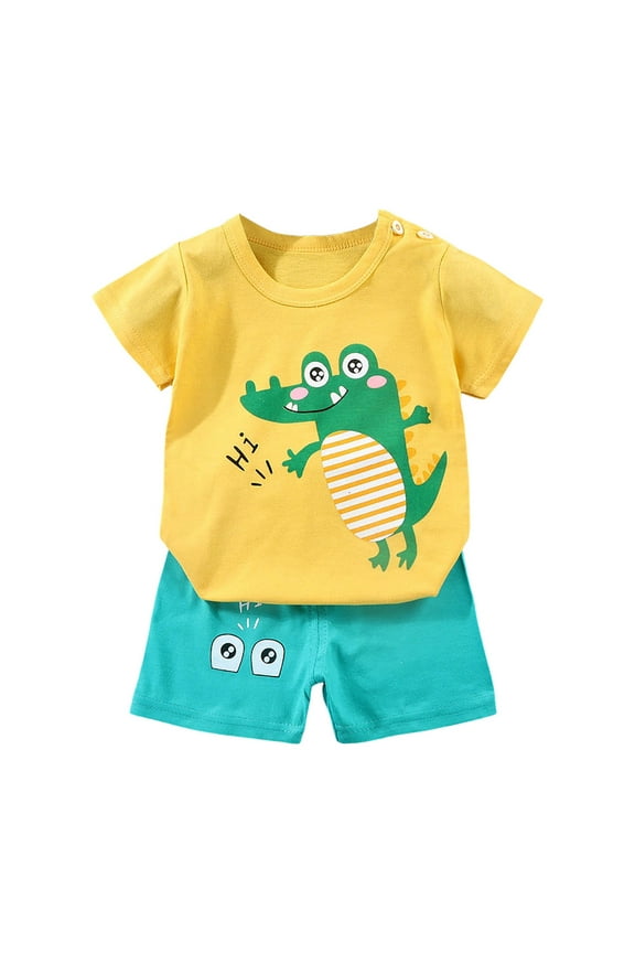 Baby Toddler Boy Summer Clothes Short Sleeve Dinosaur Graphic T-Shirt Pocket Elastic Shorts 2 Piece Set(Yellow,3-6 M)