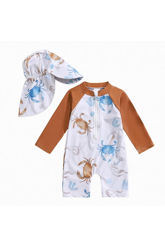 Baby/Toddler Boys One Piece Swimsuit Summer Long Sleeve Zipper Bathing Suit Infant Beach Rash Guard Brown,18-24 M