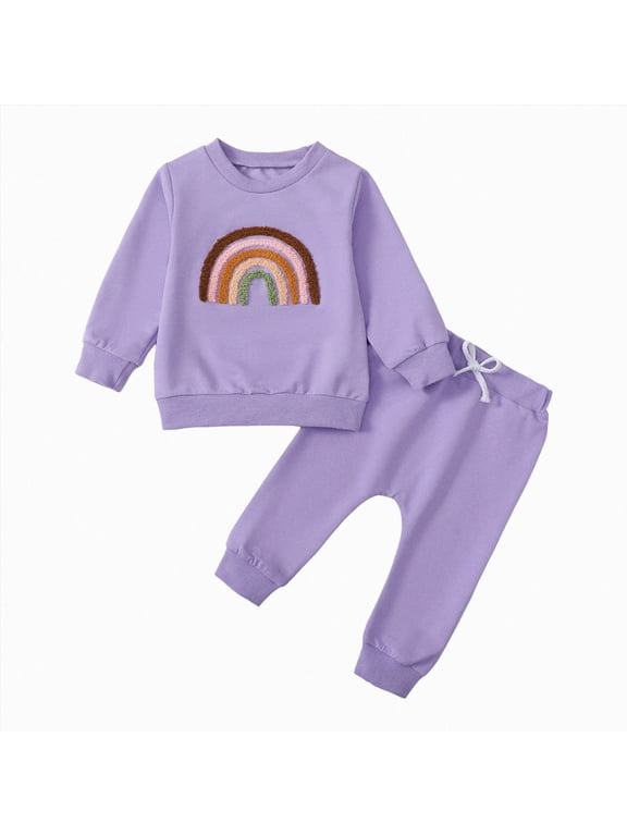 Baby Toddler Girls Cute 2pcs Fall Winter Clothes Long Sleeve Round Neck Tee and Cozy Joggers Outfits Clothing Set(Purple,18-24 M)