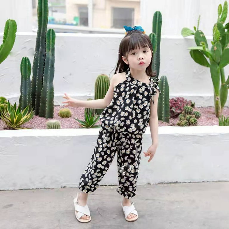TOWED22 Baddie Outfits, Toddler Baby Girl Summer Outfit Floral Short Sleeve  T-Shirt Ribbed Flared Pants Boho Baby Girl Clothes,Black 