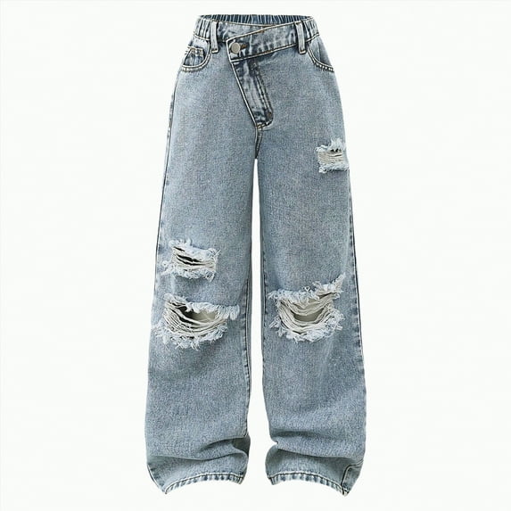 TOWED22 Baggy Jeans Boys Y2K Straight Wide Leg Denim Pants Streetwear Casual Cute Elastic Waist Loose Trousers Pockets for Kids(Blue,9-10 Y)