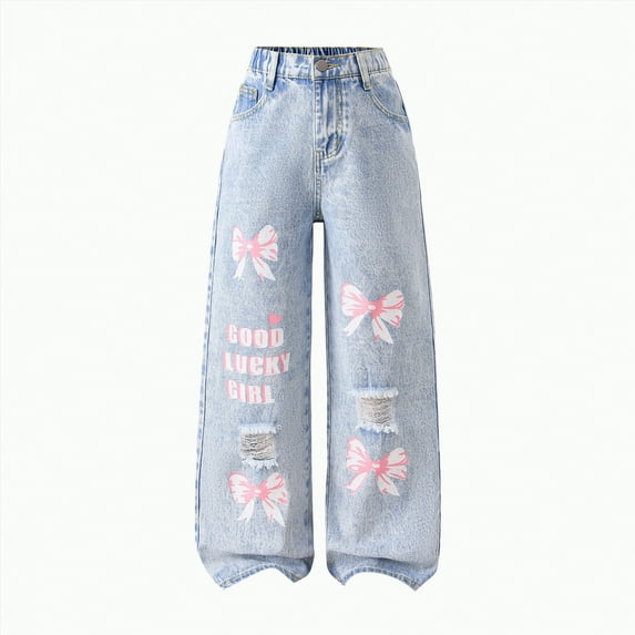 TOWED22 Baggy Jeans for Girls, Bow Jeans Teen Girls Boys Wide Leg High Waisted Kids Casual Y2k Pockets Denim Pants(Light Blue,9-10 Y)