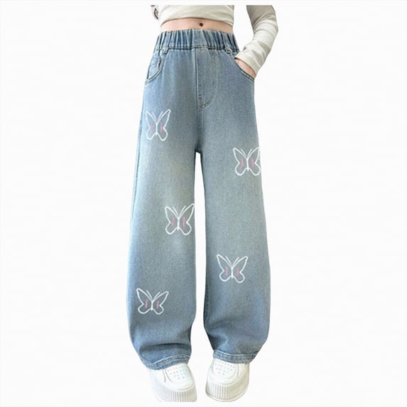 TOWED22 Baggy Jeans for Girls Wide Leg Ripped High Elastic Waisted Denim Pants Cute Summer Trousers Y2K Streetwear 7-14Y Light Blue,7-8 Y