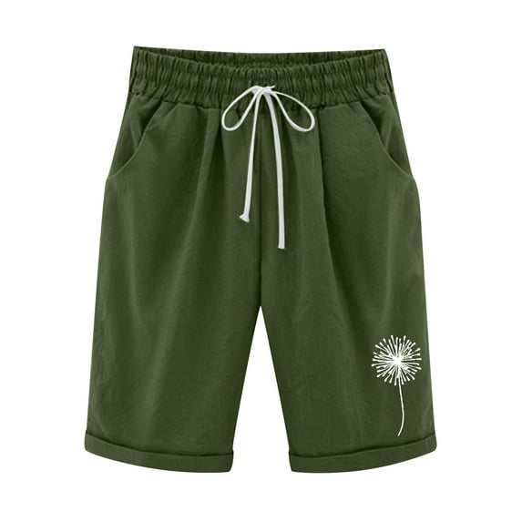 TOWED22 Bermuda Shorts for Women High Waisted Cotton Linen Elastic Drawstring Summer Shorts Casual Loose Fit Dandelion Print(Army Green,XXL)