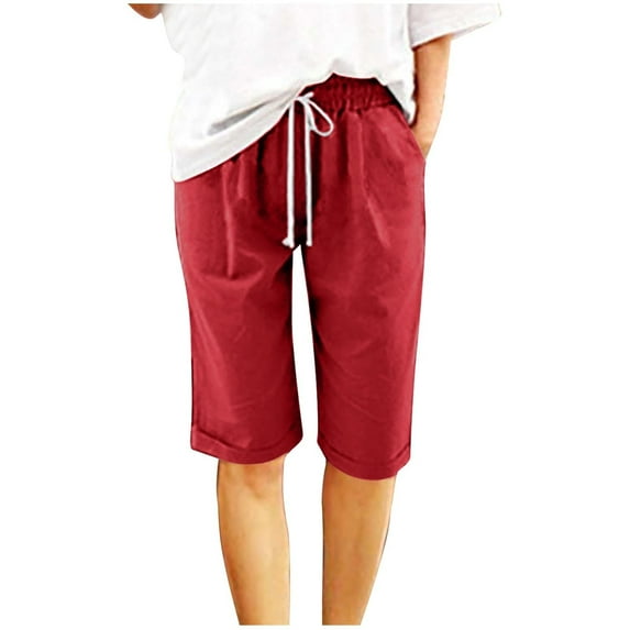 TOWED22 Bermuda Shorts for Women High Waisted Cotton Linen Workout Shorts 2024 Summer Casual Drawstring Knee Length Shorts(Red,M)