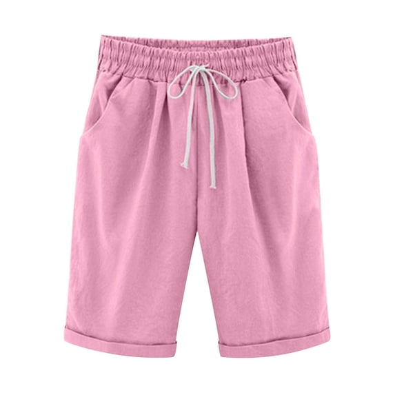 TOWED22 Cotton Linen Shorts for Women Casual Elastic Waist Drawstring Summer Plus Size Knee Length Shorts with Pockets(Pink,4XL)