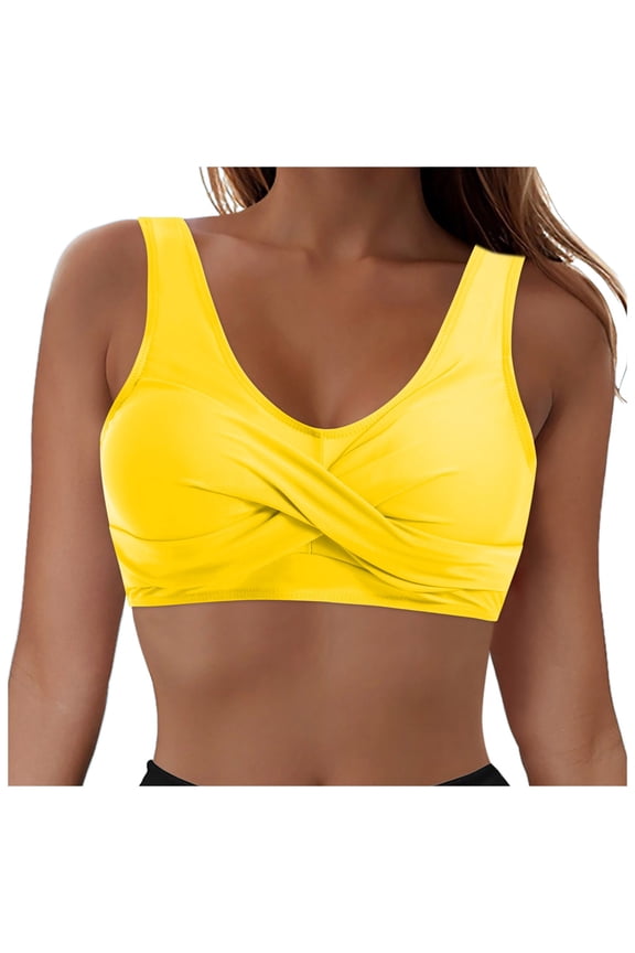 Bikini Tops for Women Cropped Tankini Tops Beach V Bar Padded Ruched Adjustable Strap Swimsuit Swim Top Only Yellow,S