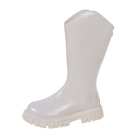TOWED22 Boots for Girls Fashion Autumn And Winter Children Boots Girls Mid Boots Thick Soled Platform Non Slip Solid Color Back (White, 11 Toddler)