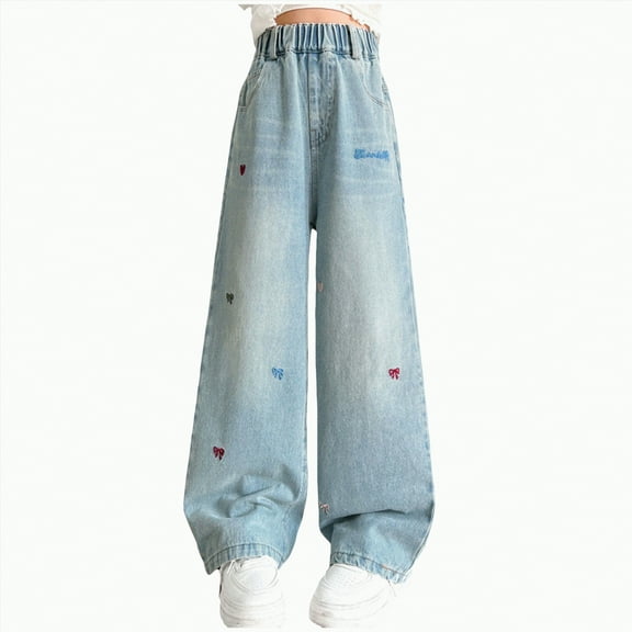 TOWED22 Bow Jeans for Girls Cute Baggy Jeans Wide Leg Denim Pants High Waisted Trousers Kids Y2k Streetwear with Pockets(Blue,4-5 Y)