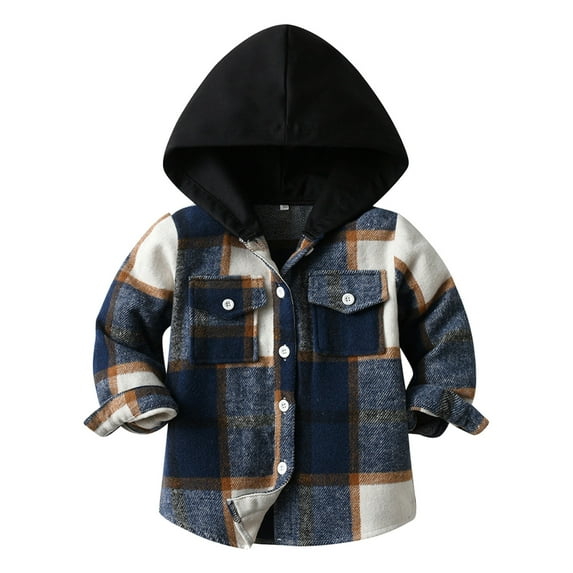 TOWED22 Boy Girl Buffalo Plaid Flannel Shirt Hoodie Toddler Button up Top Jacket Outwear Fall Winter Clothes(Dark Blue,2-3 Y)