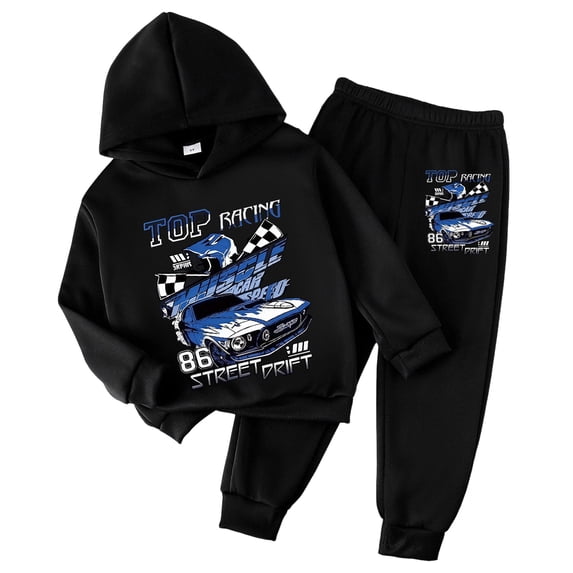 TOWED22 Boys 2 Piece Outfits Long Sleeve Graphic Hooded Sweatshirt Top Sweatpants Fall Winter Clothing Set,Black,3-4 Y