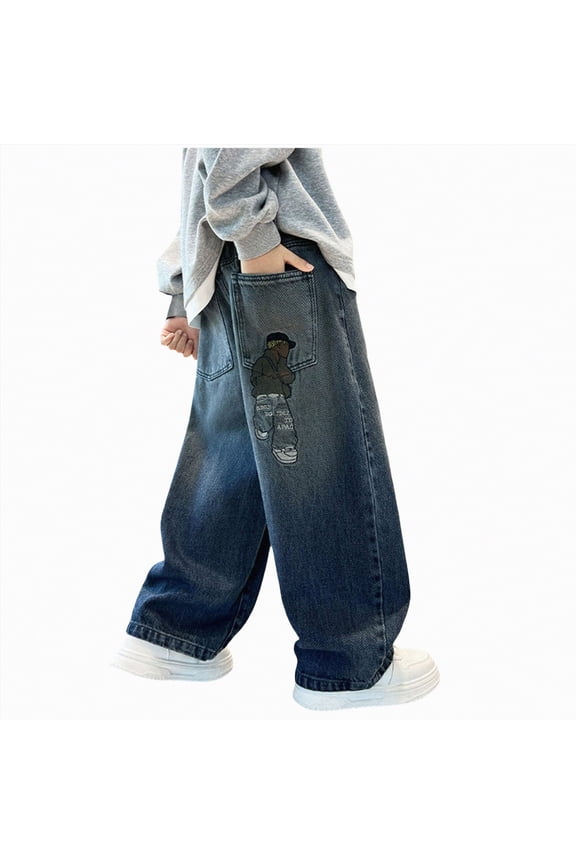 Boys Baggy Jeans for Kids Teen Casual Straight Wide Leg Cargo Jeans Y2K Loose Elastic Waist Denim Pants Trousers with Pockets(Blue,10-12 Y)