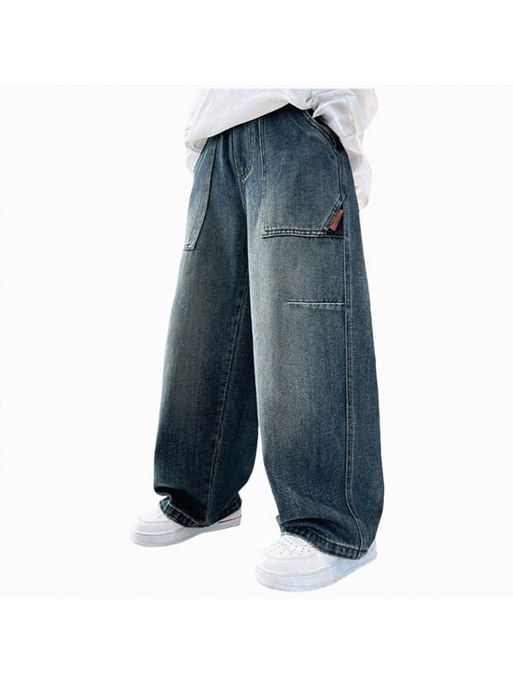 Boys Casual Straight Leg Baggy Jeans Kids Elastic Waist Loose Denim Pants with Pockets Blue,12-14 Y