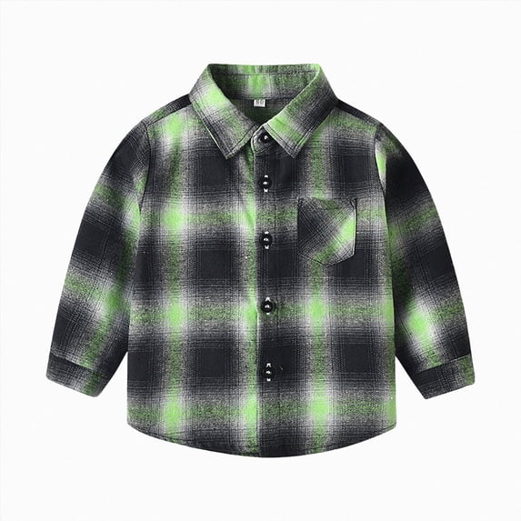 TOWED22 Boys Flannel Plaid Shirt Casual Button Down Shirts Long Sleeve Jacket Lapel Shacket Coat Tops Casual Outwear,Light Green,12-18 M
