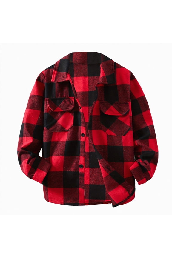 Boys Flannel Shirt Toddler Buffalo Plaid Shirt Long Sleeve Button Down Shirts Kids Casual Tops,Red,13-14 Y