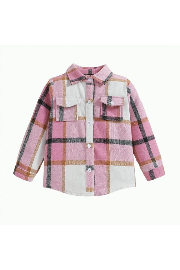 Boys Girls Flannel Plaid Shirt Jacket Long Sleeve Lapel Button Down Pocketed Shirts Regular Fit Casual Fall Coat(Pink,10-11 Y)