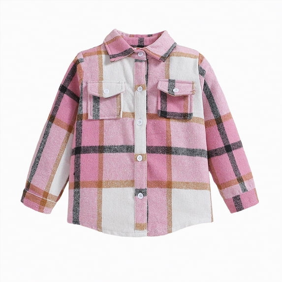 TOWED22 Boys Girls Flannel Plaid Shirt Jacket Long Sleeve Lapel Button Down Pocketed Shirts Regular Fit Casual Fall Coat(Pink,3-4 Y)