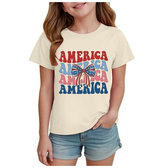 TOWED22 Boys Girls Graphic 4th of July Shirts Funny American Flag Tshirts Kids Short Sleeve Tees 5-12 Years(Beige,3-4 Y)
