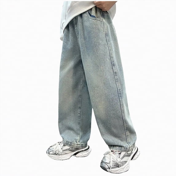 TOWED22 Boys Jeans Baggy Vintage Straight Leg Denim Cargo Pants with Pockets 8-14 Years(Blue,8-9 Y)