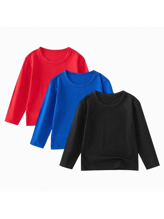 Boys Long Sleeve T-Shirt Cotton Casual Winter Crewneck Basic Active Tops Tee Tunic Shirts 3 Packs Sets,Blue,3-4 Y