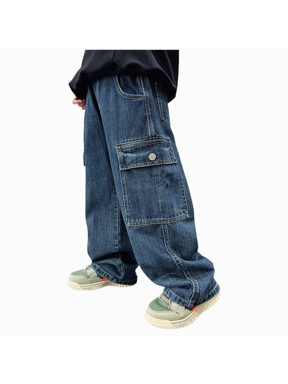 Boys Classic Baggy Jeans Straight Wide Leg Blue Denim Pants Elastic Waist with Front and Back Pockets Blue,12-14 Y